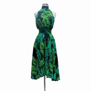 OLIVACEOUS Dress Green Black Fern Palm Leaf Chiffon Asymmetrical Sleeveless MED